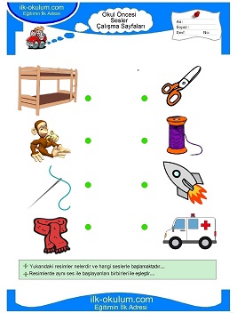Çocuklar İçin Ses Eşleştirme Çalışma Sayfaları 